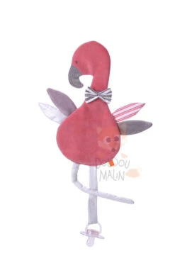 Kikadu Doudou Bio Attache Sucette Flamant Rose Rose Gris