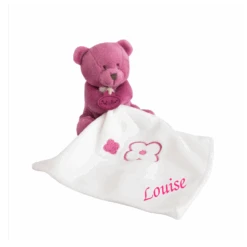 Baby'Nat Doudou Mouchoir Ours Fuchsia Blanc étoile