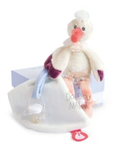 Doudou Et Compagnie - Cigogne Attache-sucette Blanc Orange