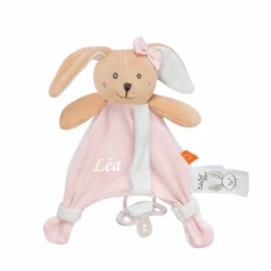 Baby'Nat - Coton BIO - Doudou Attache-sucette Lapin Rose 18 Cm
