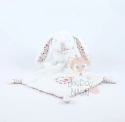 Pommette Doudou Lapin Oiseau Mouchoir Blanc Fleur 30 Cm