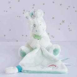 Baby'Nat - Poussière D'étoiles - Doudou Mouchoir Licorne Bleu Blanc 25 Cm