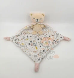 Mots D'enfants Doudou Plat Ours Rose Blanc Motifs Forêt 30 Cm